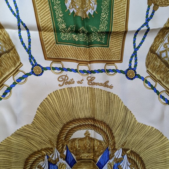 Auth Hermès Gold Poste et Cavalerie Silk Scarf 90 cm by Joachim Metz - Picture 9 of 10